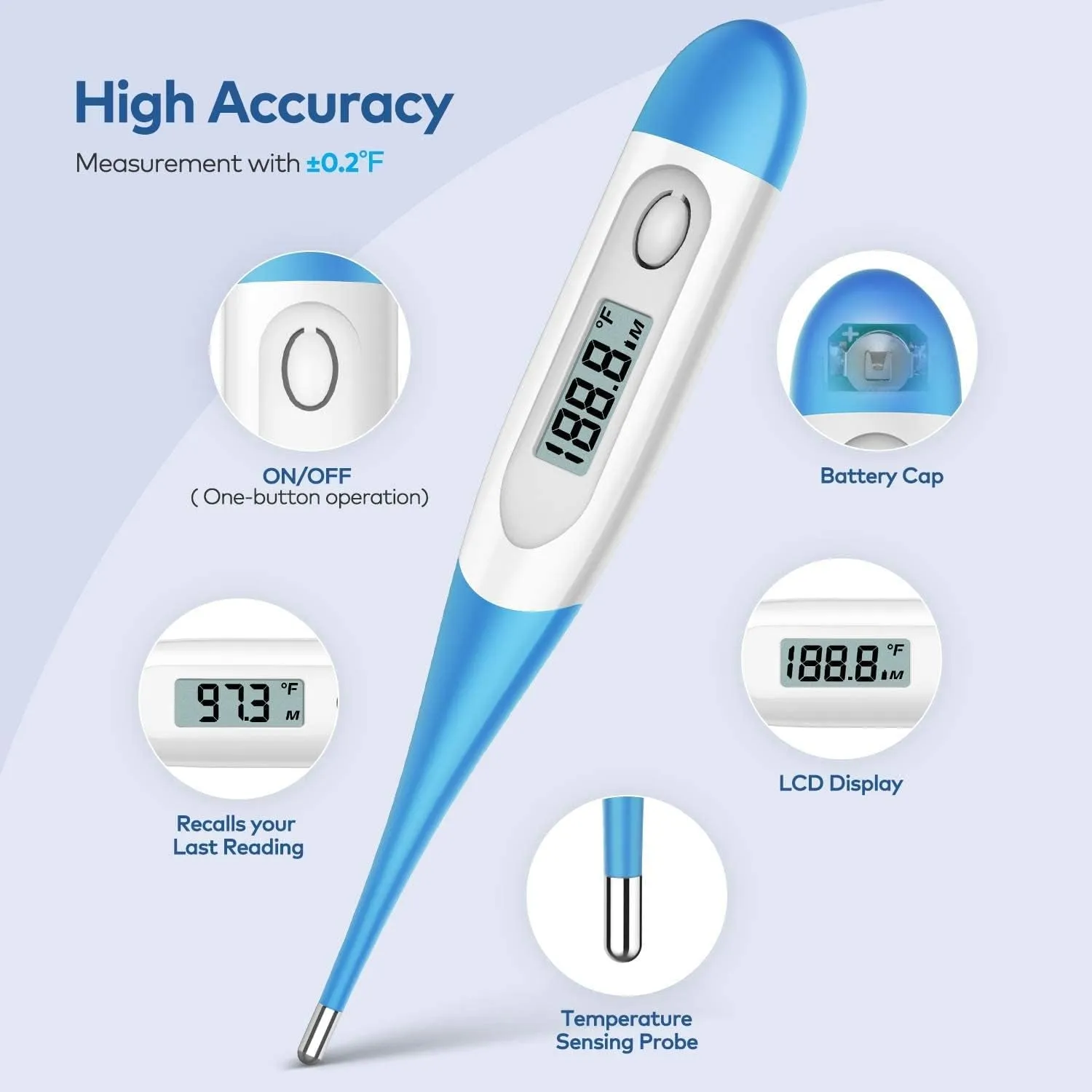 Boncare 10 Seconds Digital Thermometer for Adults and Kids - Accurate & Safe Rectal Thermometer for Baby with Fever Alarm, Oral Thermometer FSA HSA Eligible (Light Blue)