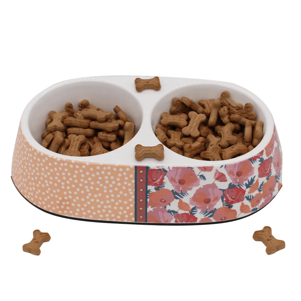 Peetara Half Floral Designer Melamine Double Diners for Dogs and Cats (Orange)