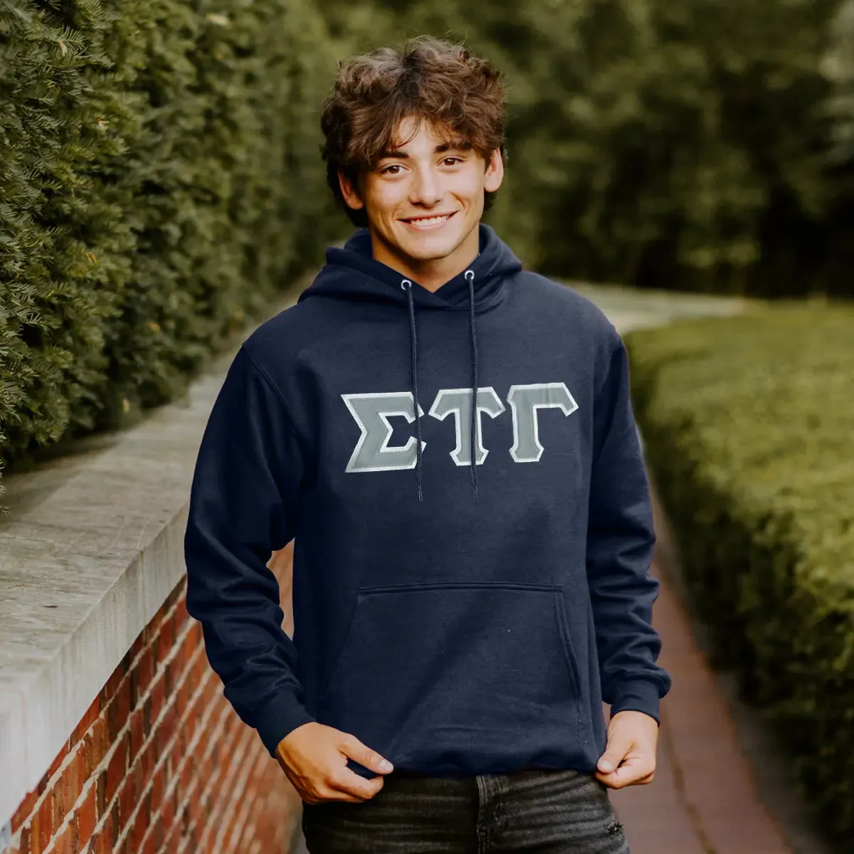 Sig Tau Navy Hoodie with Sewn On Letters
