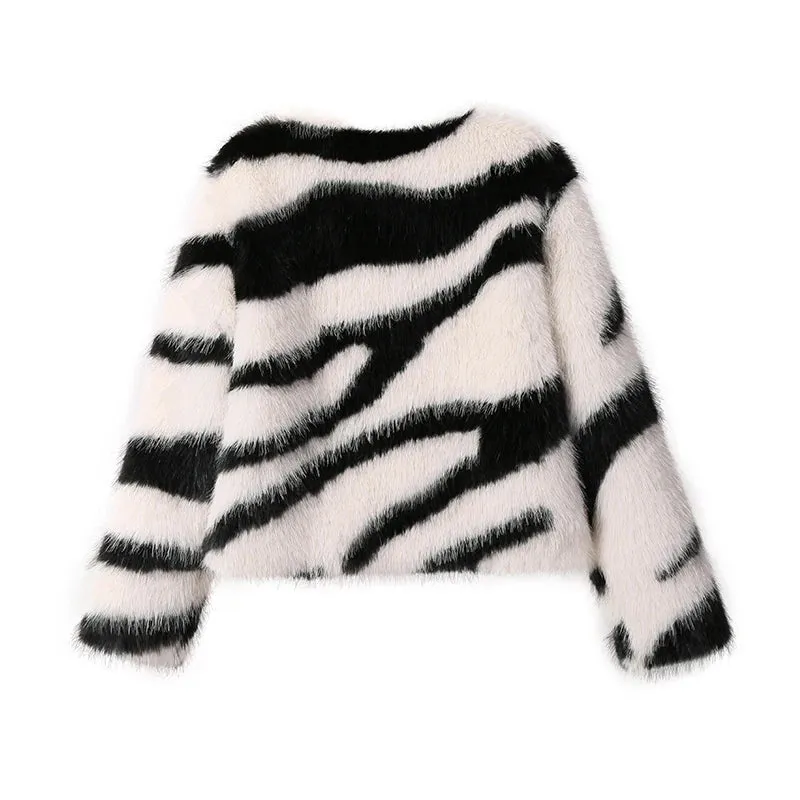 Women's Faux Fox Fur Fluffy Zebra Fur Coat Jacket
