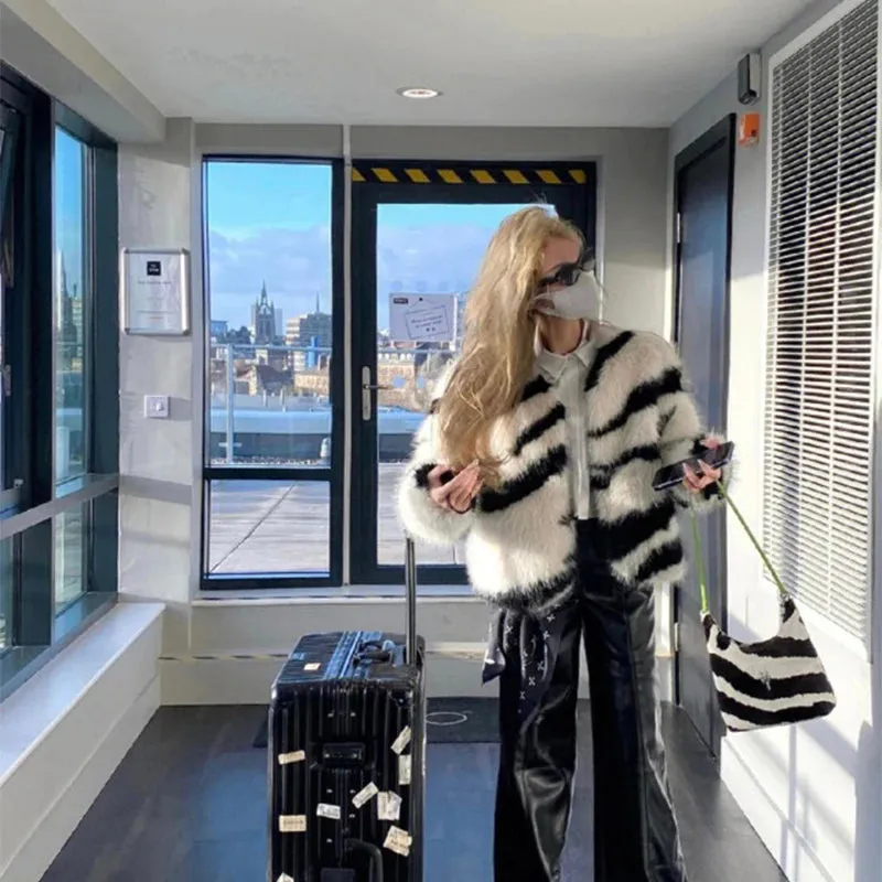 Women's Faux Fox Fur Fluffy Zebra Fur Coat Jacket